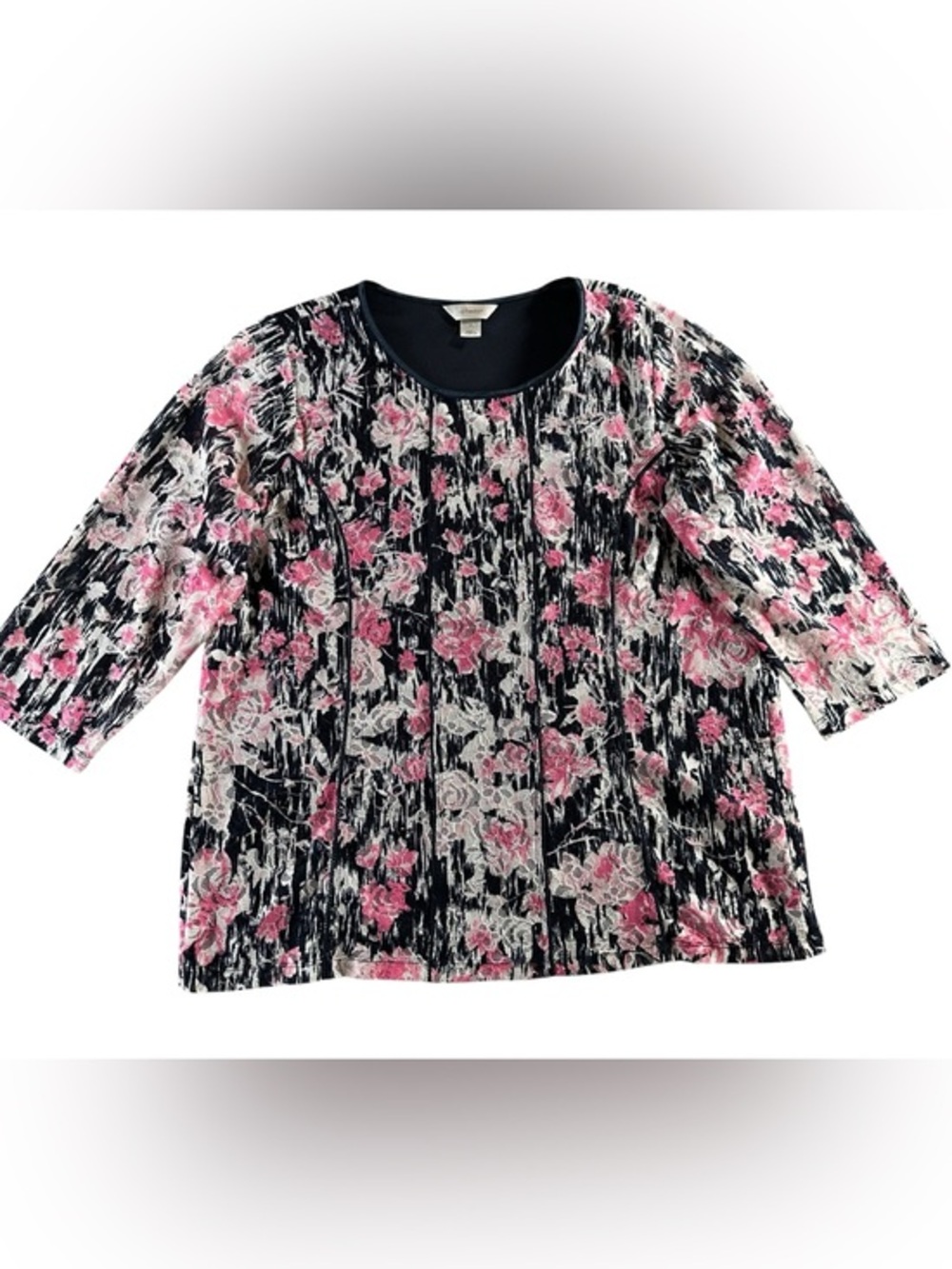 CJ Banks Black Top with Pink Floral Print 1X
